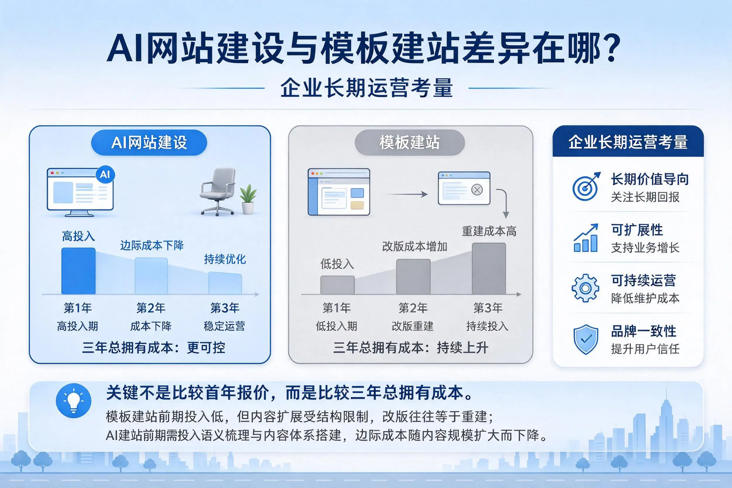 AI网站建设与模板建站差异在哪?七台河企业长期运营考量